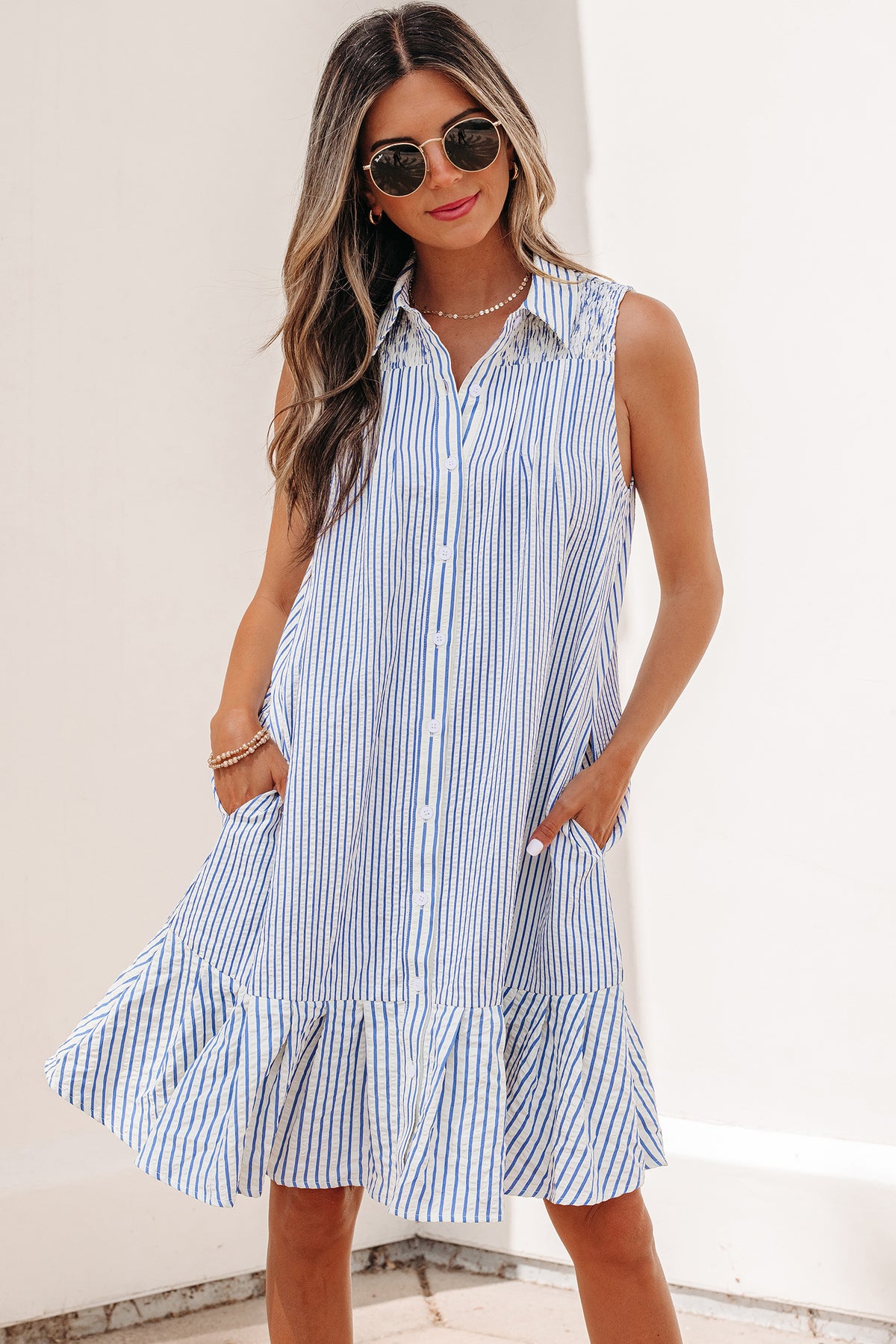 Blue Stripe Shirt Collar Shirred Detail Ruffle Hem Sleeveless Dress