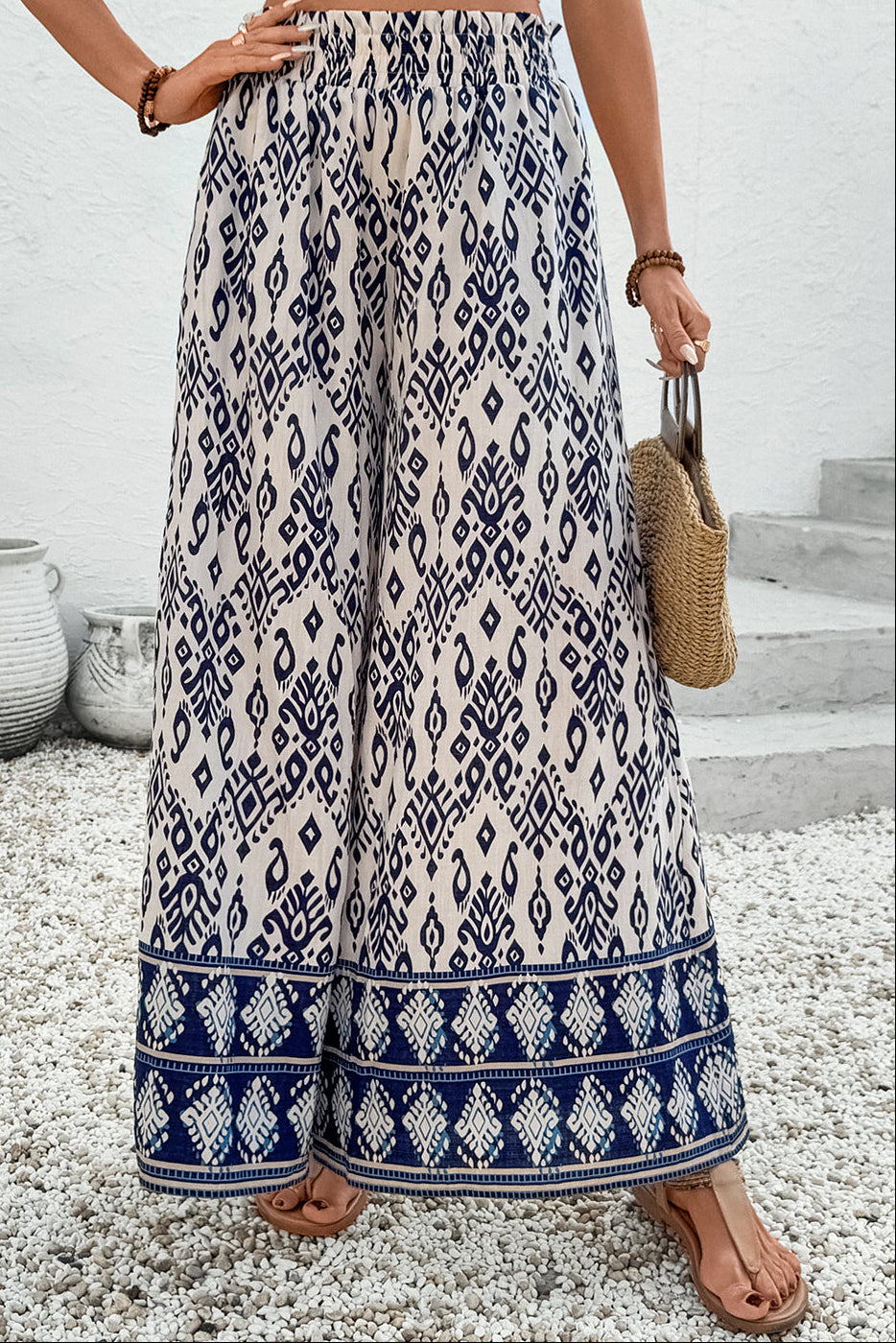 Blue Boho Pattern Print High Waist Wide Leg Loose Pants