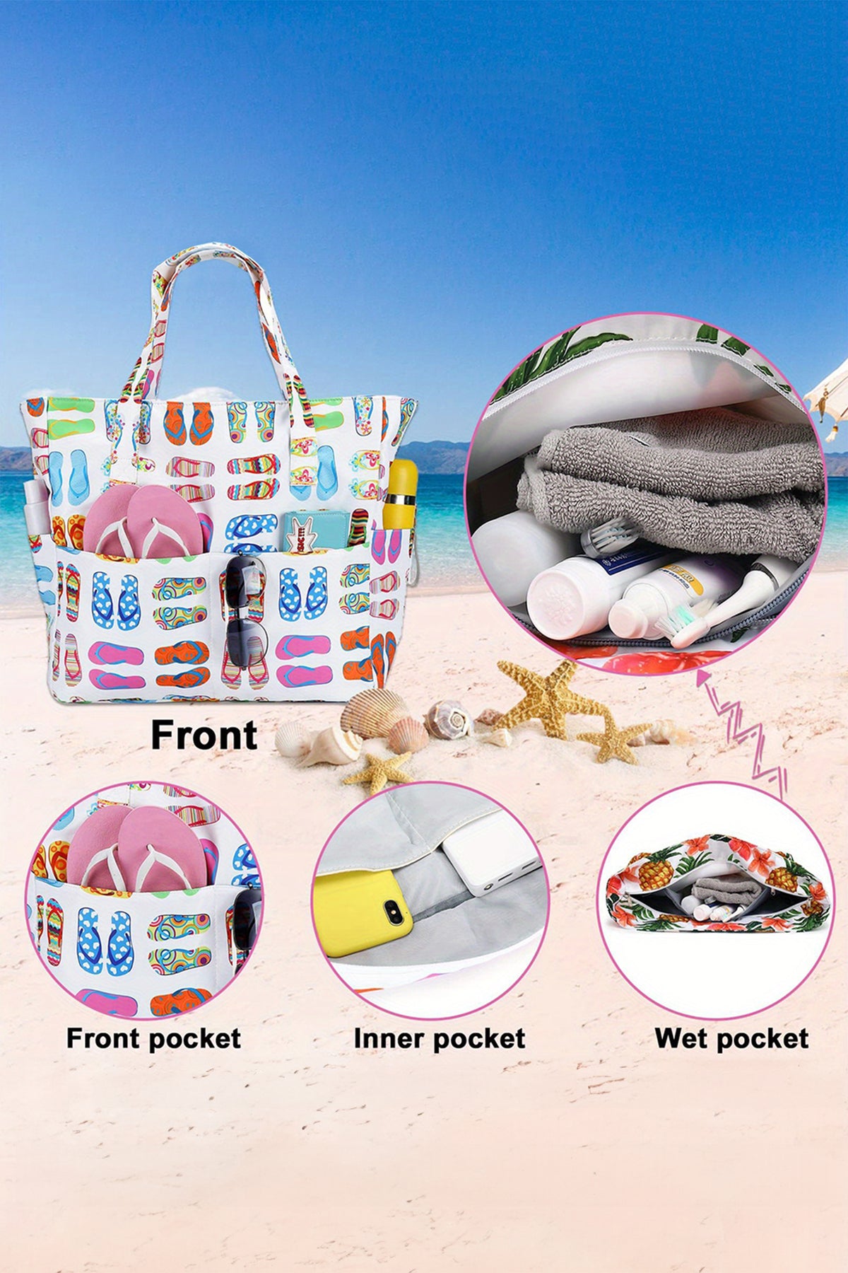 White Waterproof Slippers Pattern Beach Tote Bag