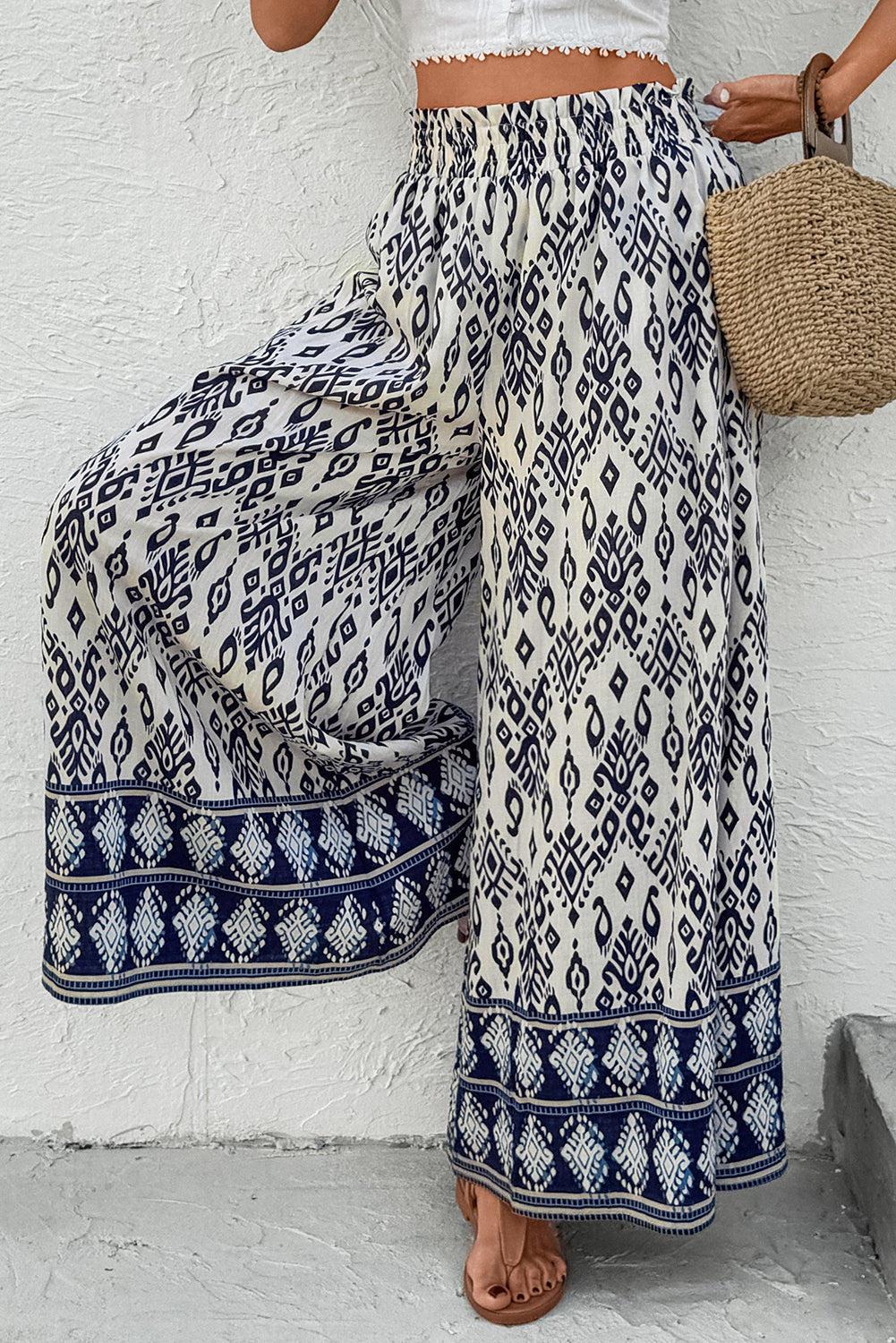Blue Boho Pattern Print High Waist Wide Leg Loose Pants