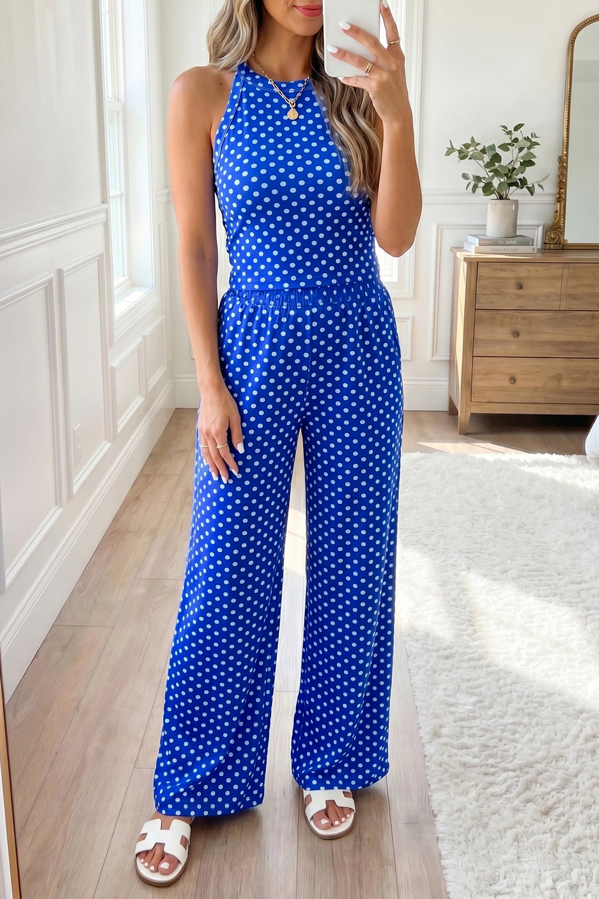 Polka Dot Print Slim Tank, Loose Pants 2pcs Outfit