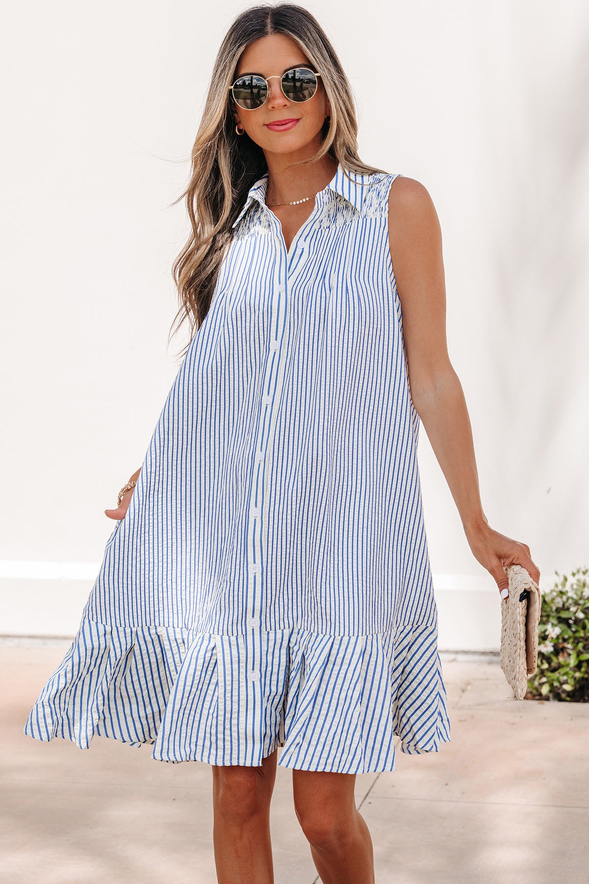 Blue Stripe Shirt Collar Shirred Detail Ruffle Hem Sleeveless Dress